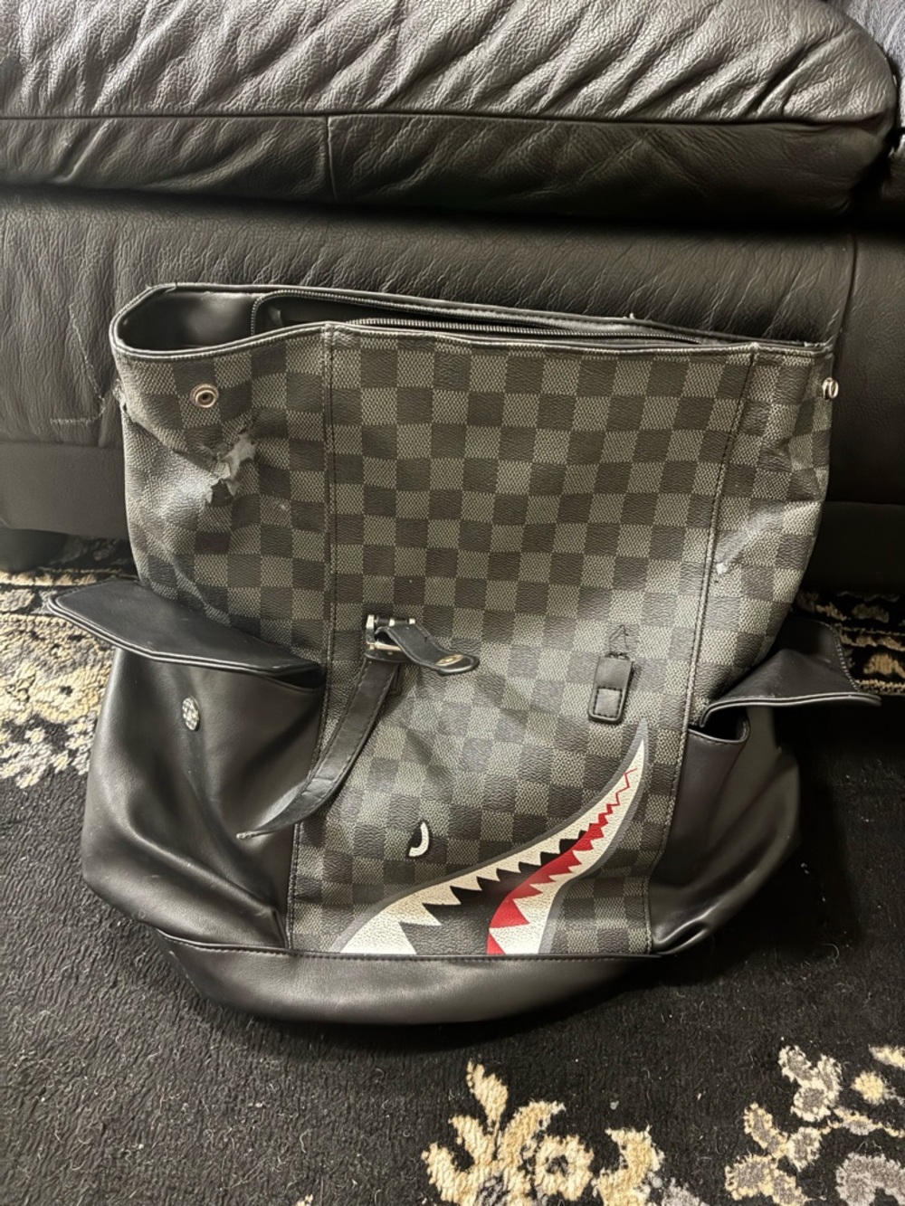 Sprayground Black & Gray Checkered Messenger Bag with Shark Mouth Accent